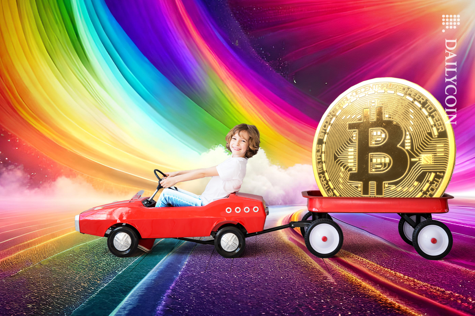 Boy in a toy car taking a Bitcoin on a price ride.