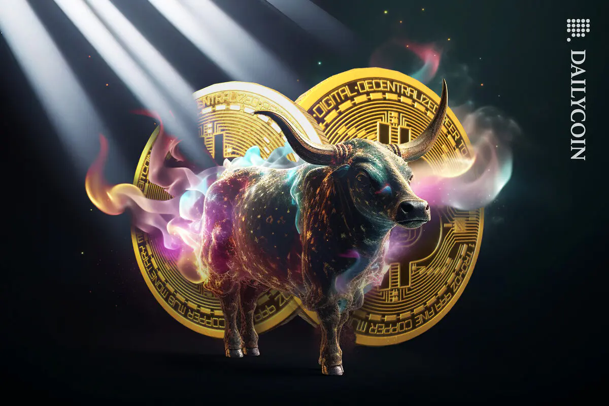 A burning bull standing in front of Bitcoins.