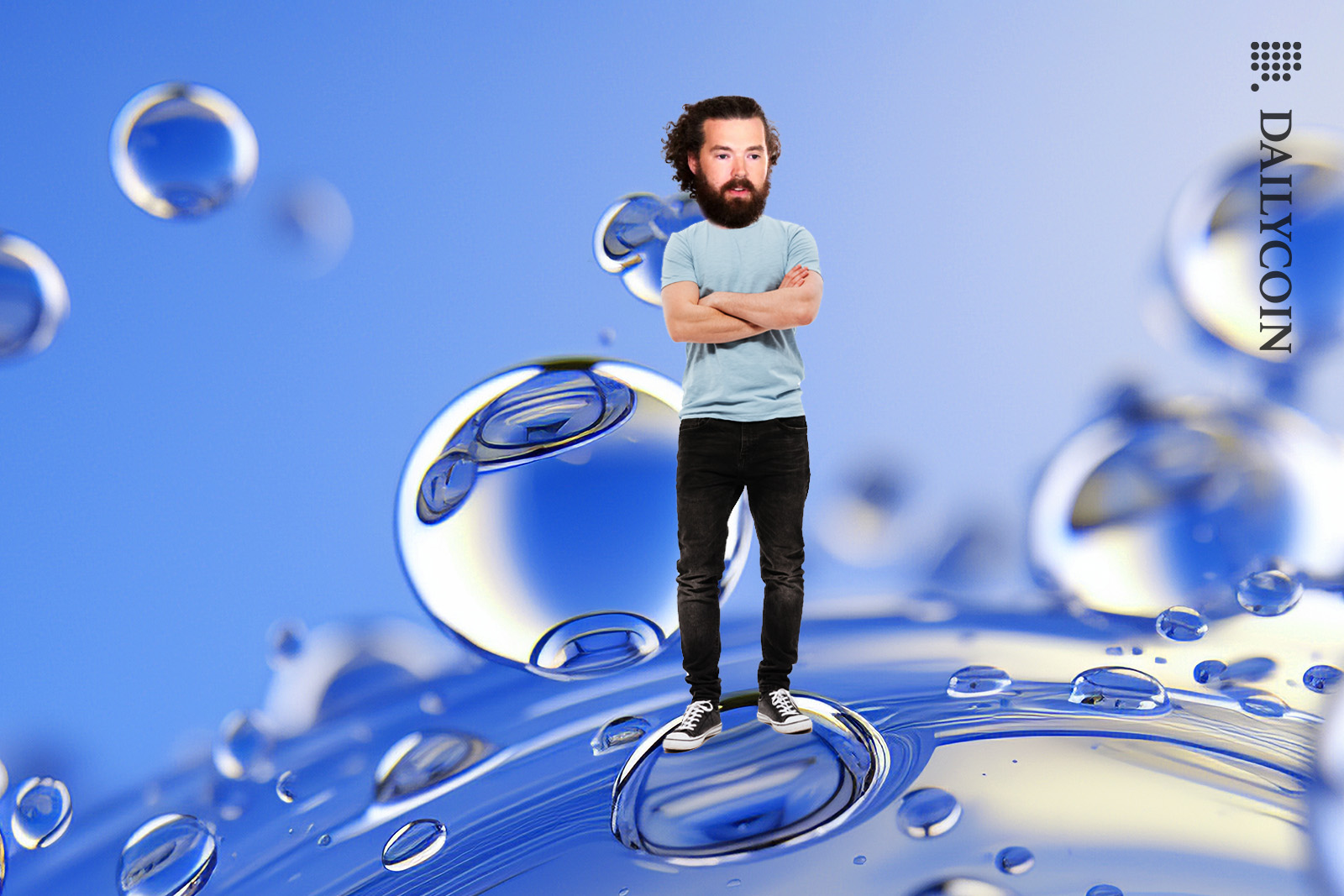 Jeremy Wood standing on liquid Cardano logo.