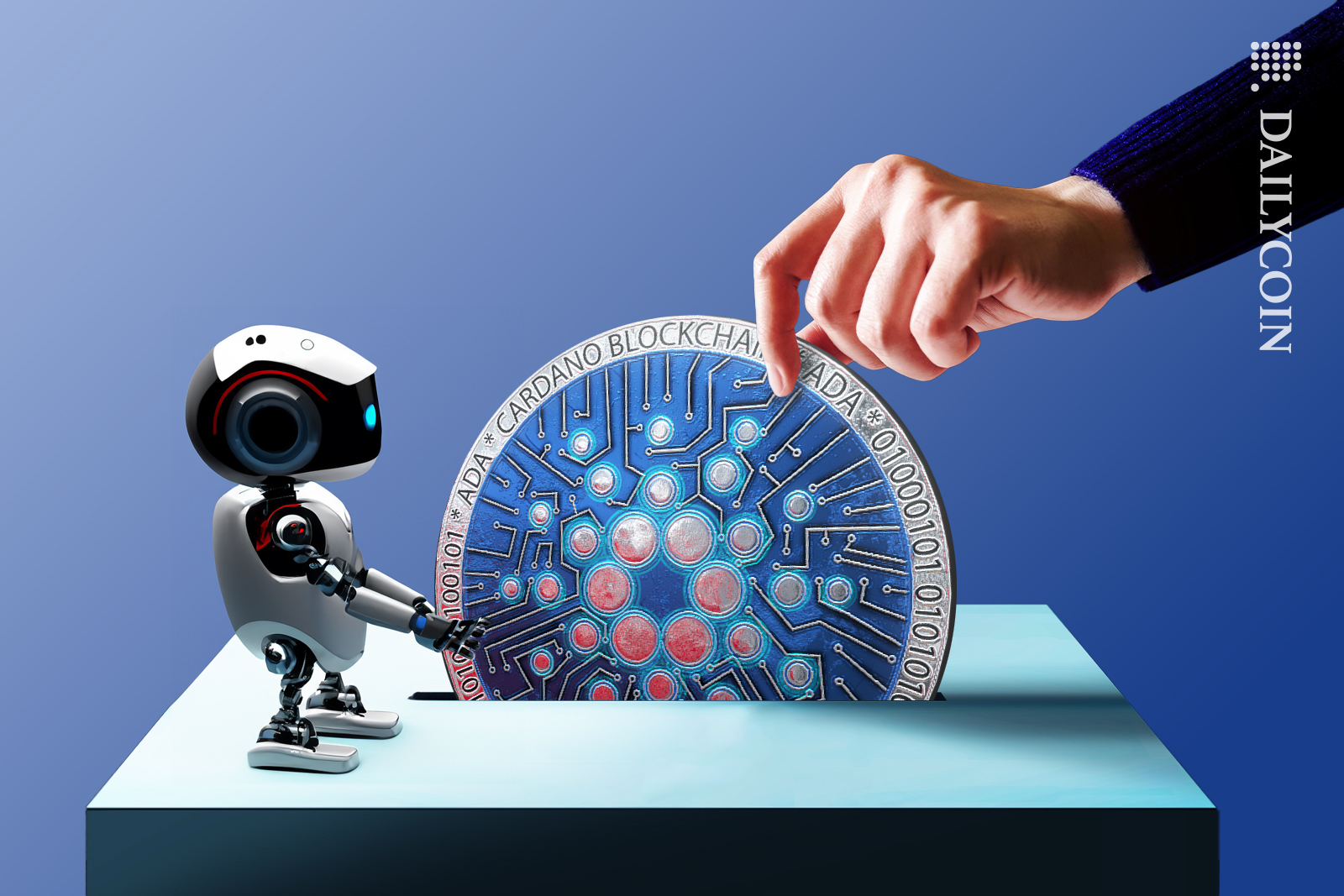 Man is voting with Cardano, a little robot on the ballad box helping him put the vote in.