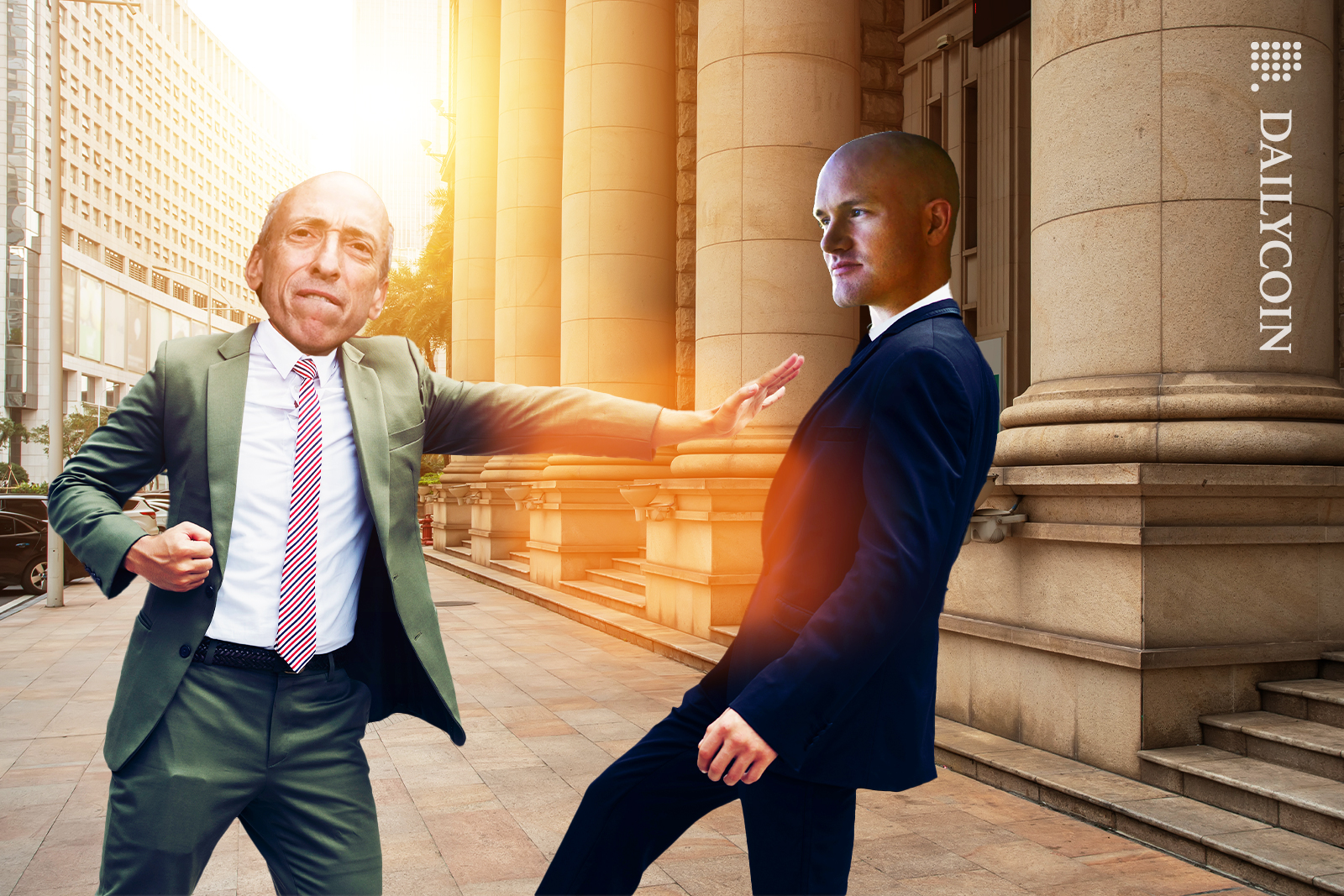 Gary Gensler trying to fight Coinbase CEO Brian Armstrong outside of court.