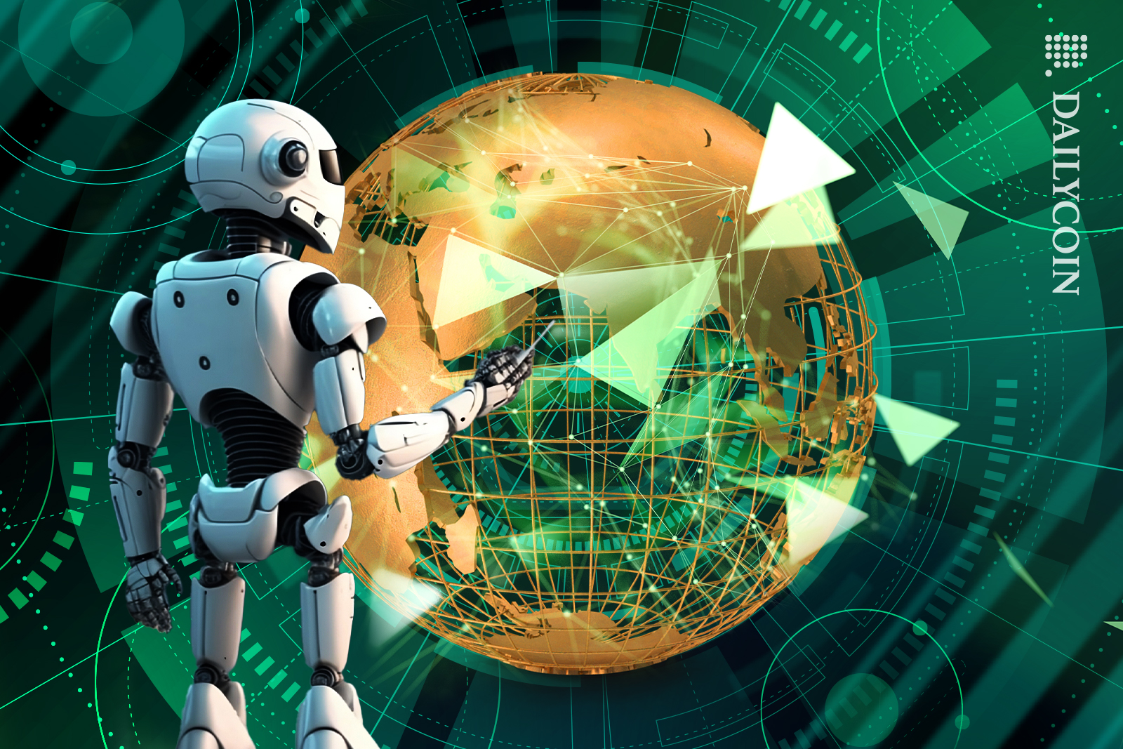 Robot analysing a DeFi globe.