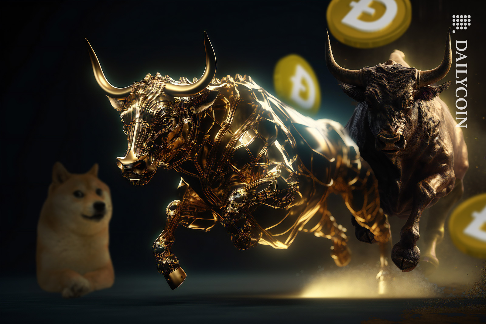 Doge looking at two big bulls running with doge coins in the air flying.