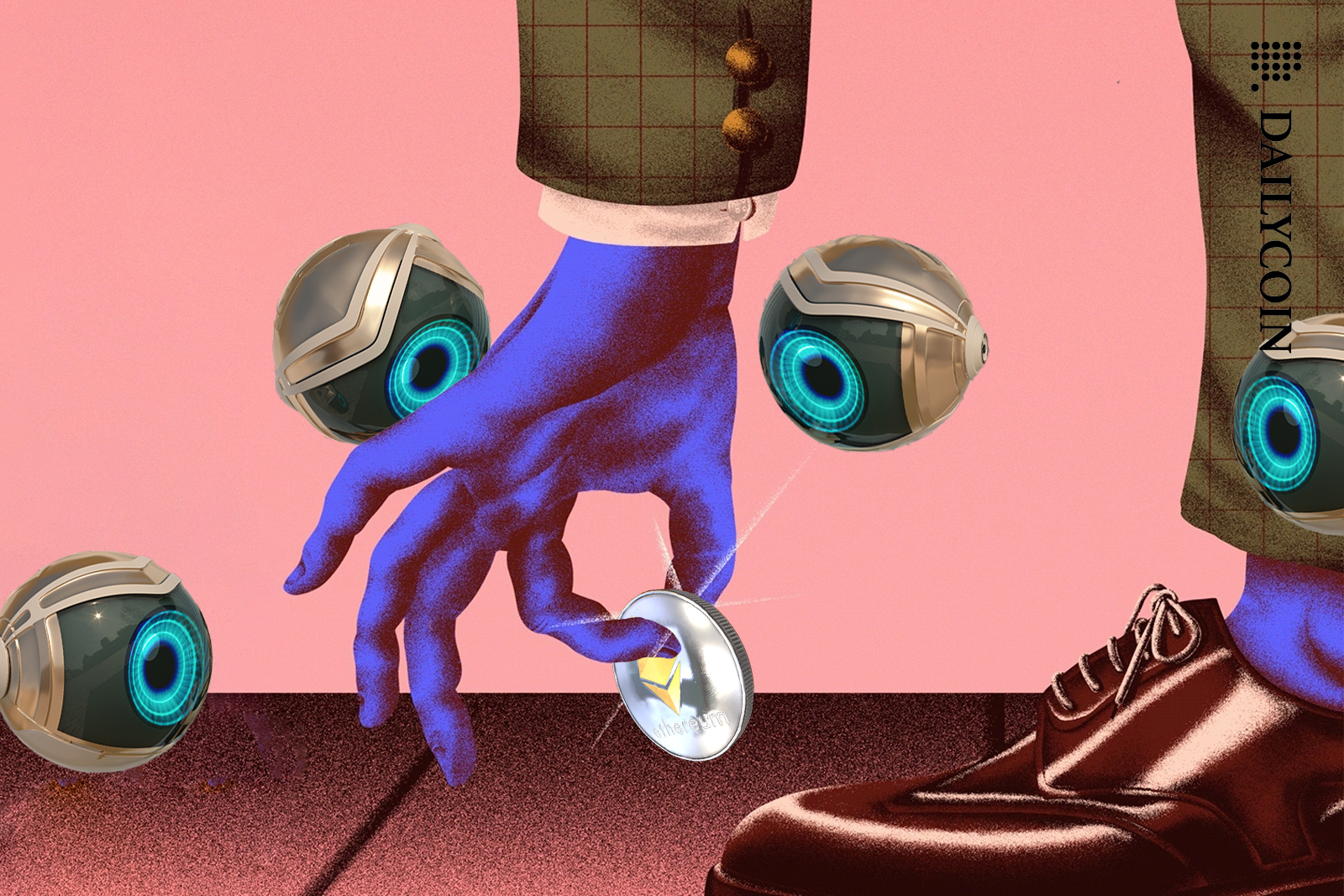 Man picking up an ETH coin, lots of mechanical eyes seeing what he is going to do with it.