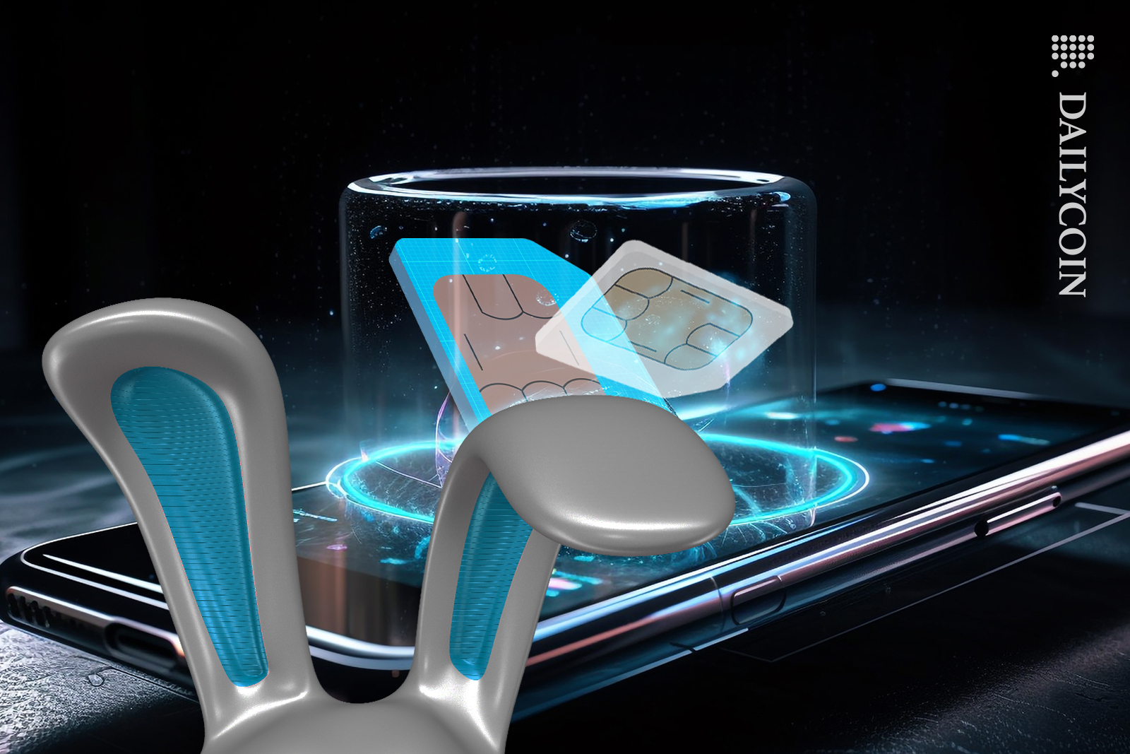 A phone is swapping SIM cards, bunny ears are listening.