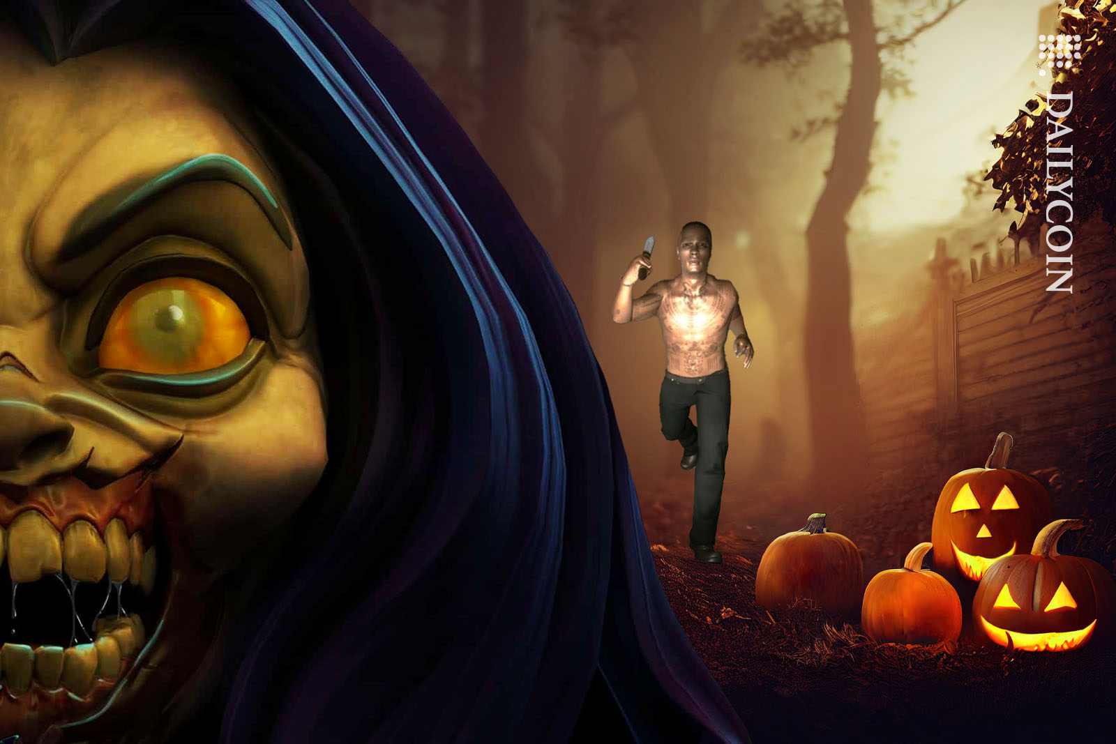 Man from game Araya running forward with a knife, in a halloween town, and the walking dead: dead empire zombieladys head is popping out.
