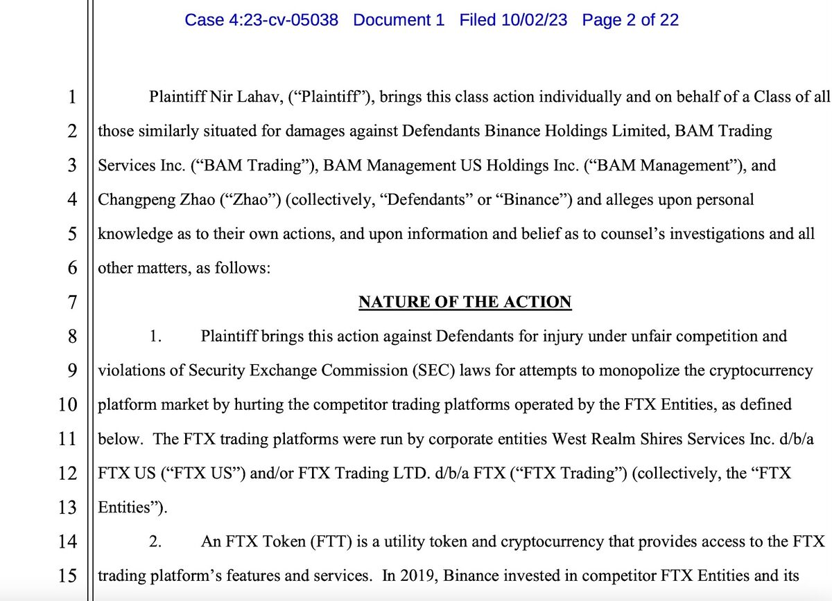 Lawsuit extract displaying allegations against Binance and CZ.