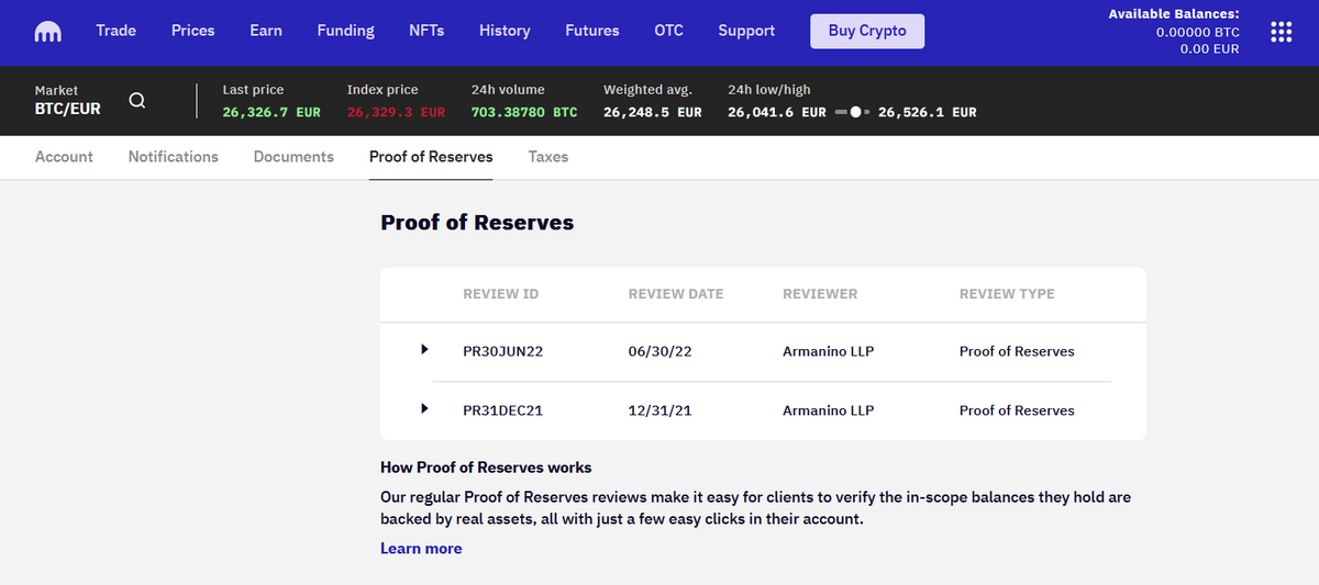 Kraken website showing information about PoR, but it is lacking information about audits.
