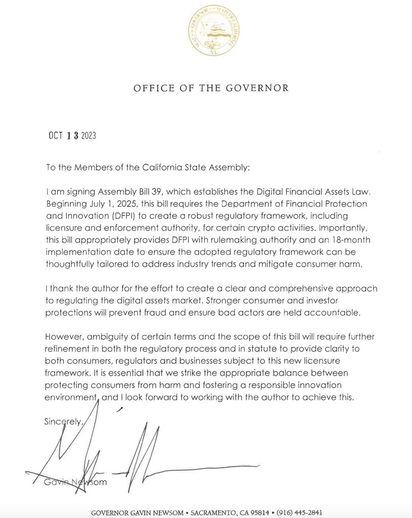 California Governor Gavin Newsom signing message on October 13.