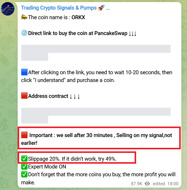 A screenshot from the Telegram group, where its admin announces the pump start, reminds us about the selling time rule and the specific slippage tolerance that should be settled.