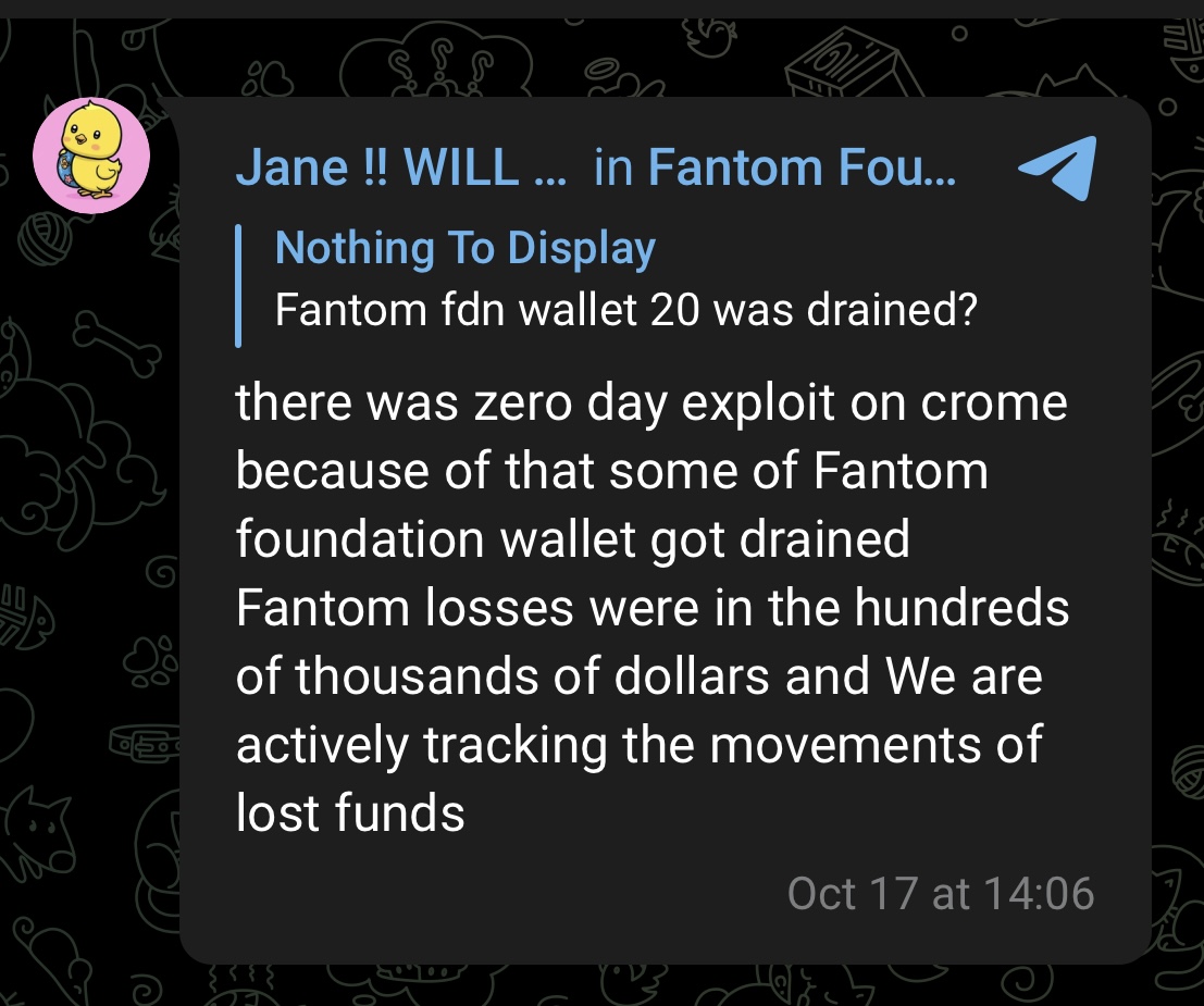 A report by admin account on the Fantom Telegram channel about a security exploit.