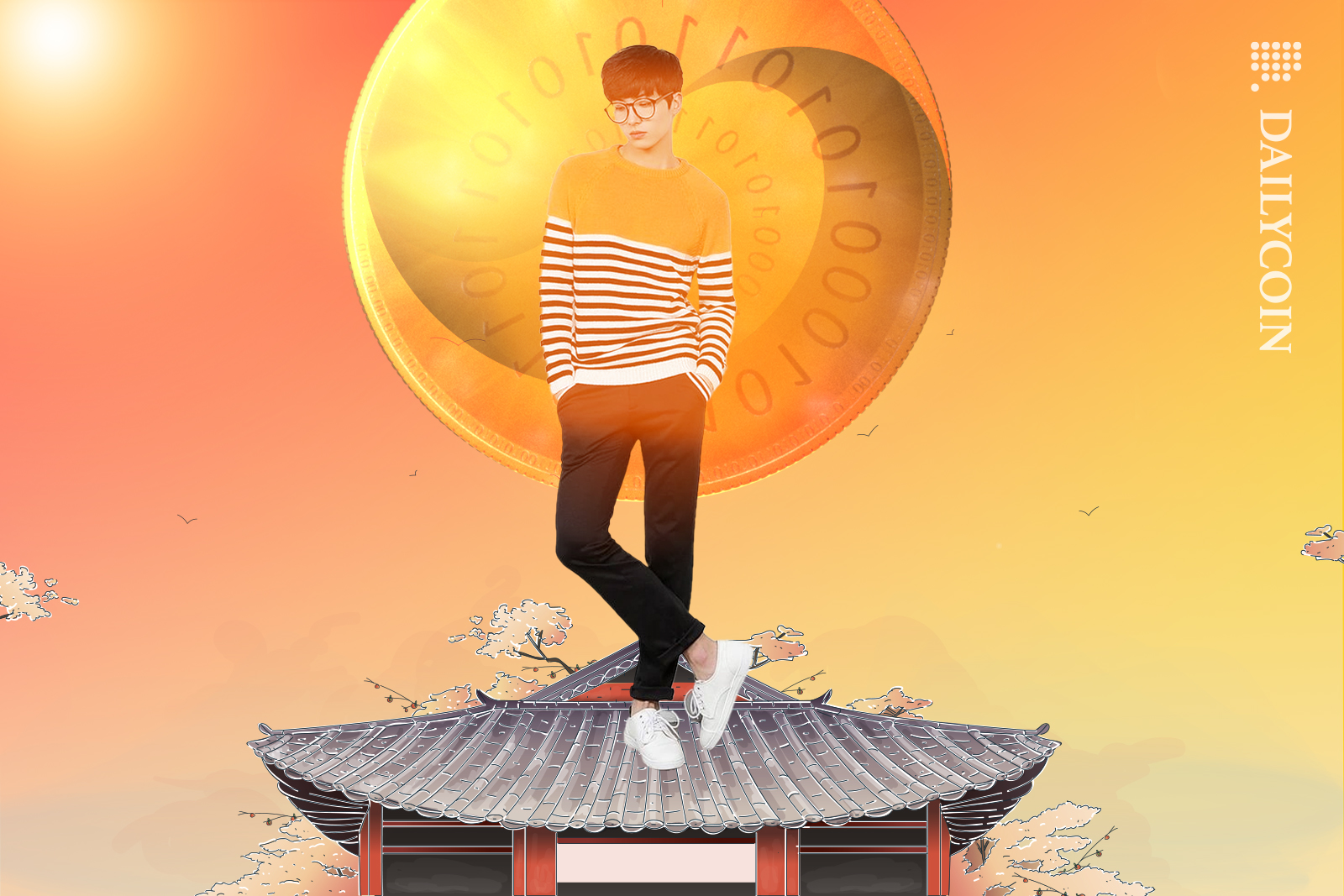 A guy standing on the roof in South Korea with a huge Bank of Korea coin behind him shining.