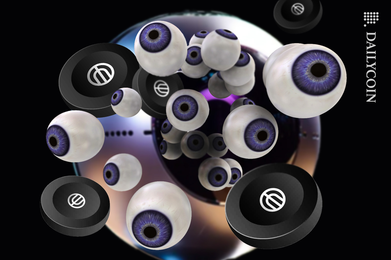 Eyeballs and Worldcoins ( WLD) coming out the orb.