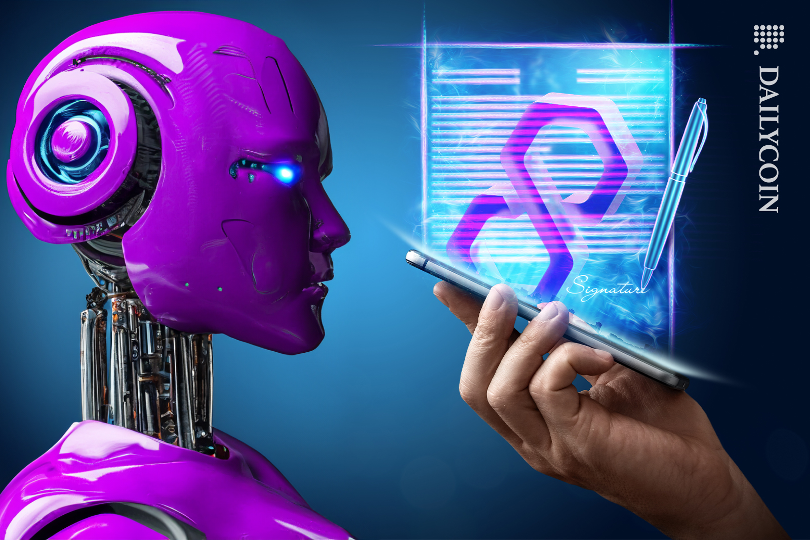Polygon robot looking at a smart electronic contract.
