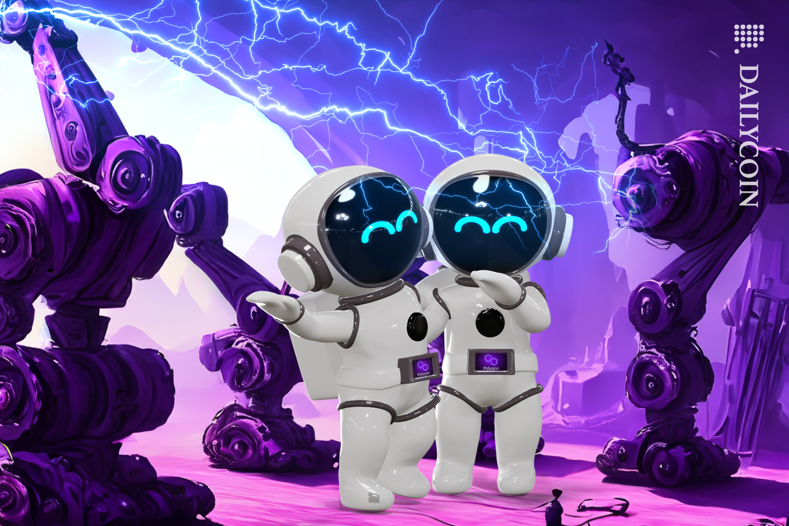 Two Polygon MATIC robots seeing machinery working progress.