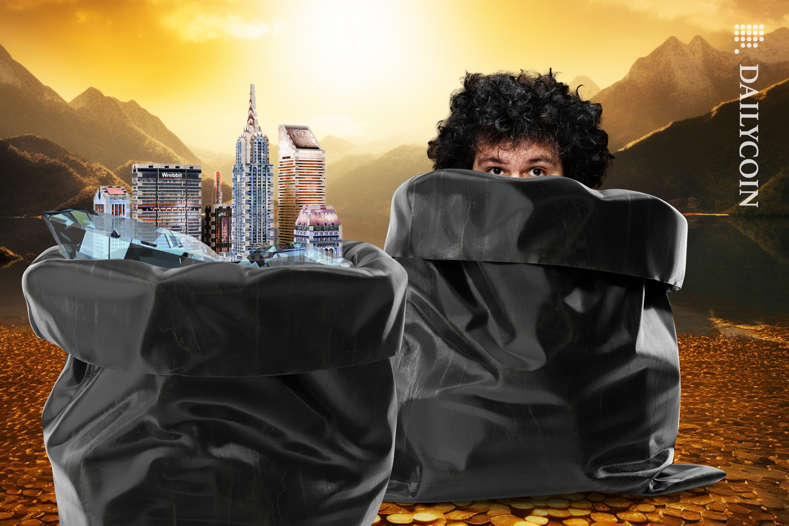 SBF looking from a trash bag next to him are fake diamonds and empire.
