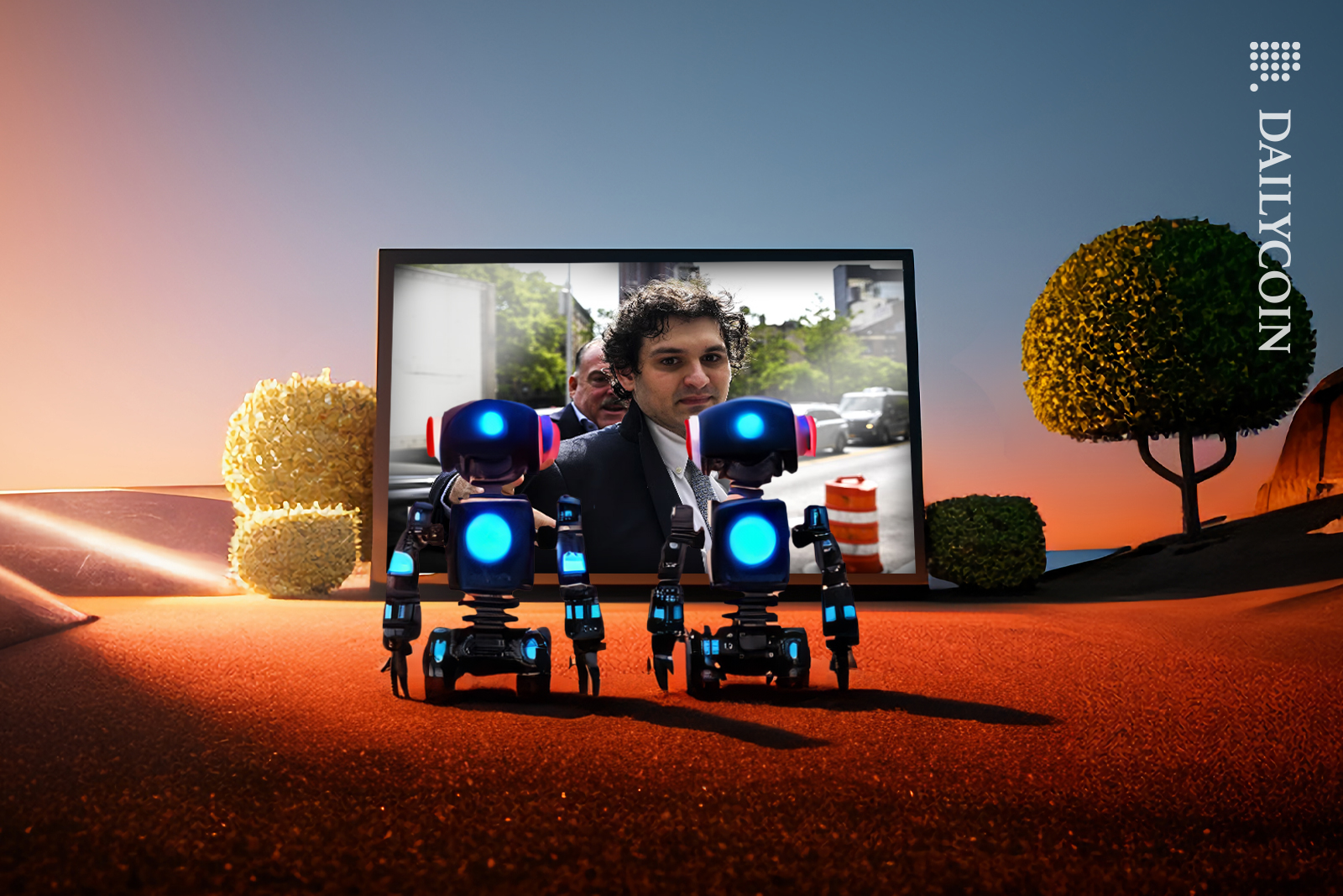 Two robots watching SBF going into court on TV.