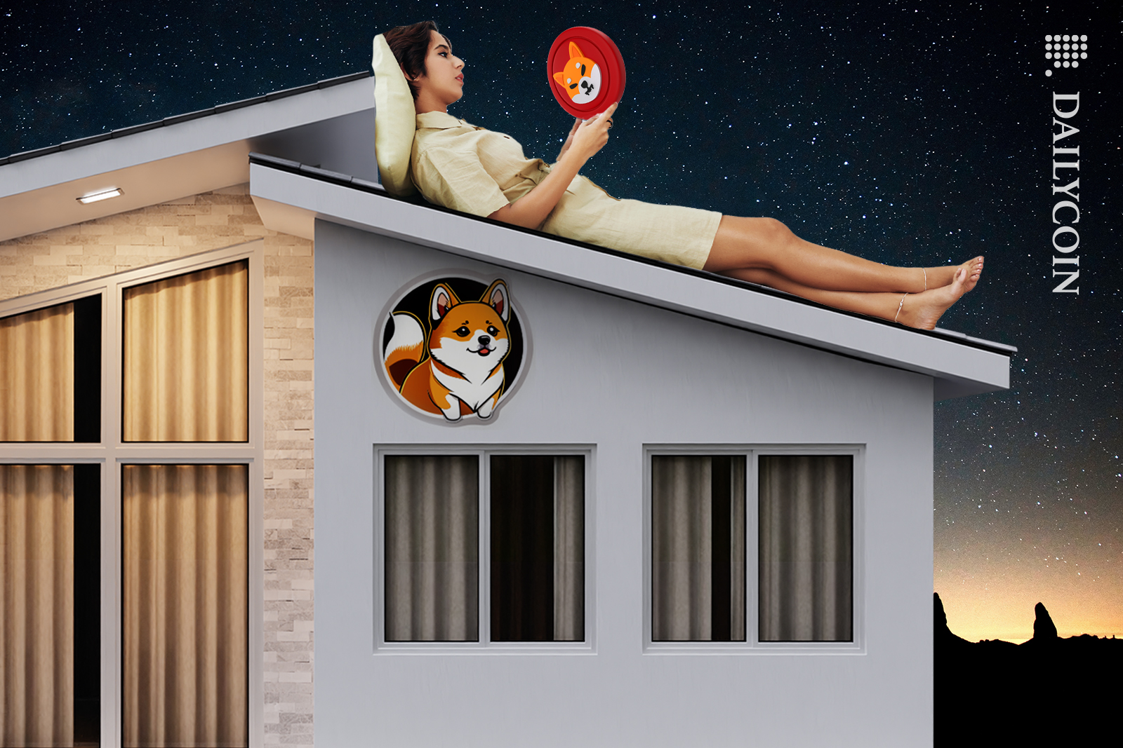 Girl on a new house looking at a Shibarium token, shiba inu looking outside from the house from a window.