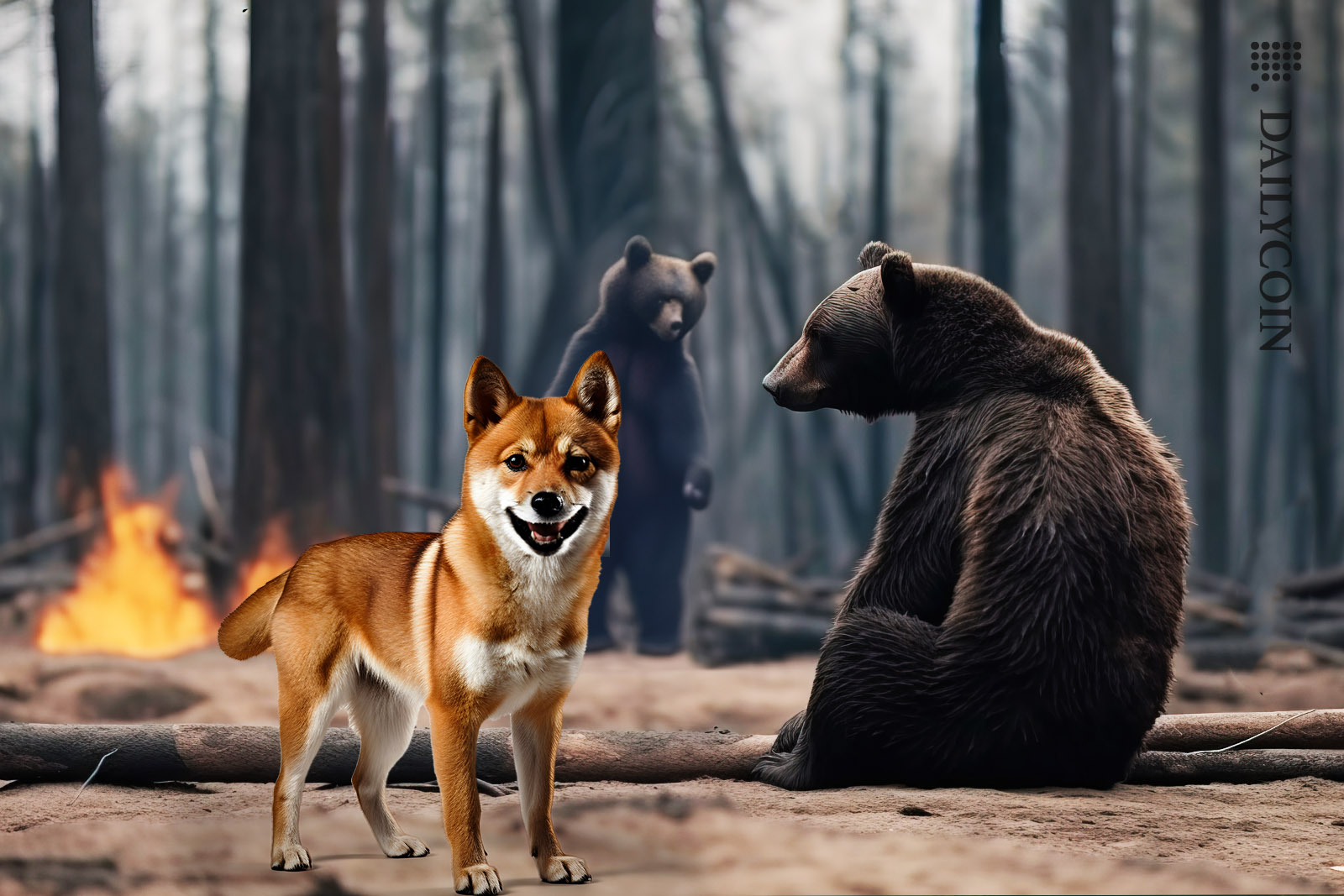 Two sad bears and a happy shiba inu.