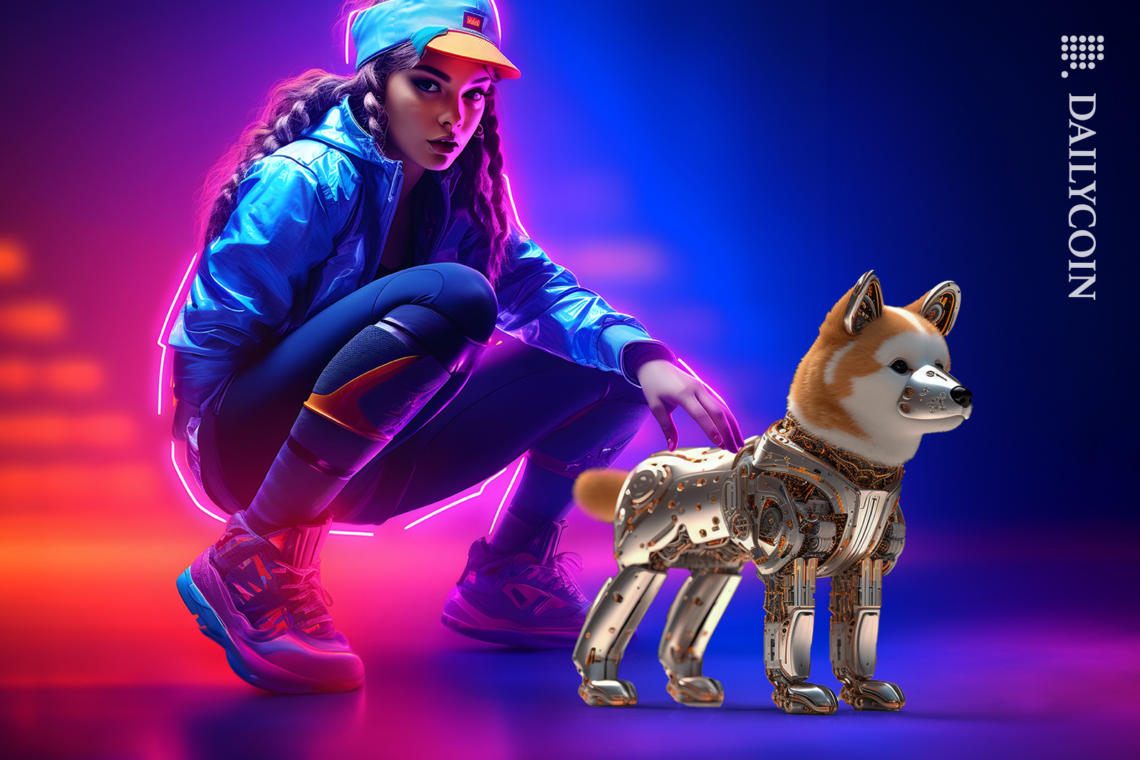Ai woman patting robot shiba inu.