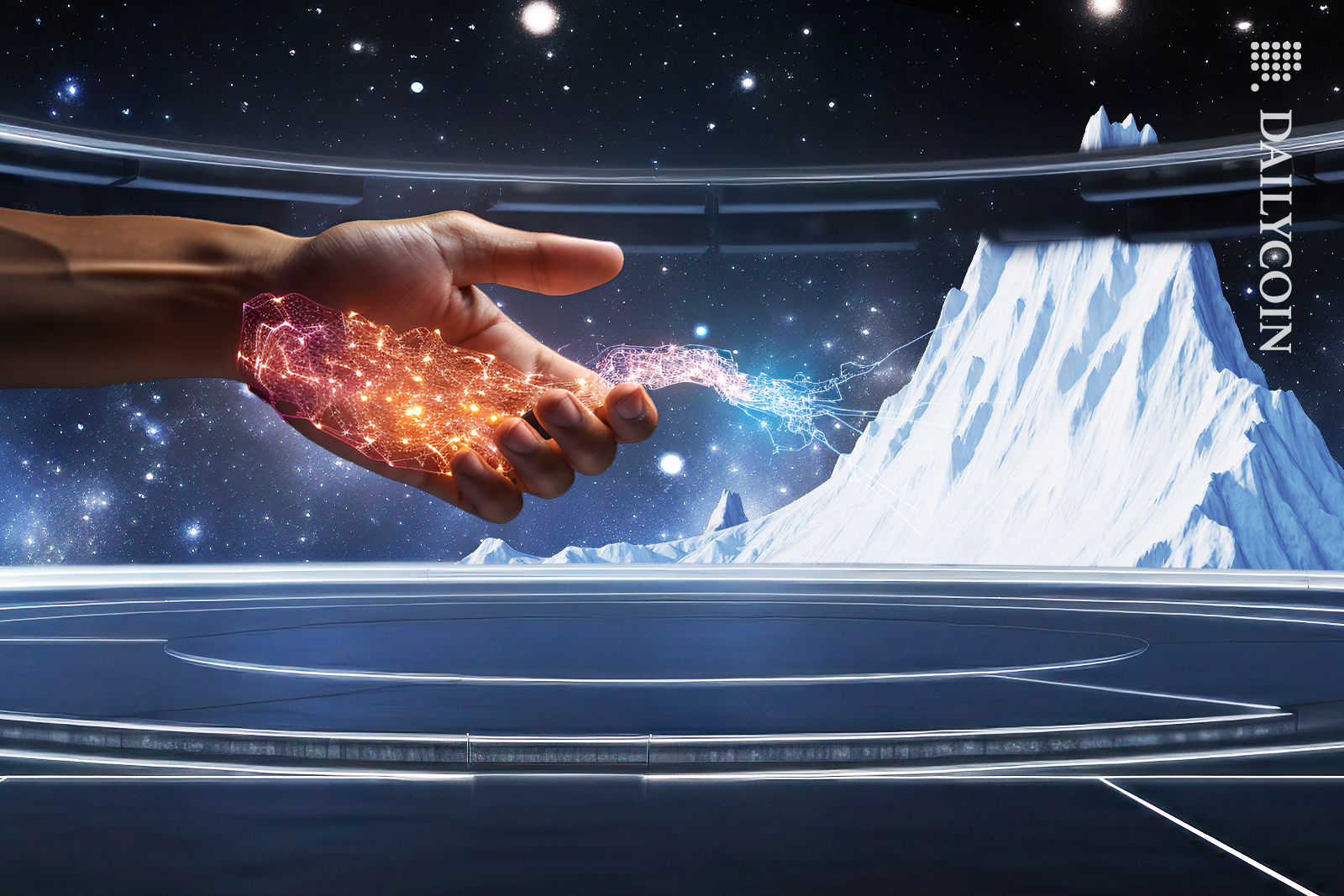 A hand collecting DeFi information, in a stary arena from a avalanche mountain.