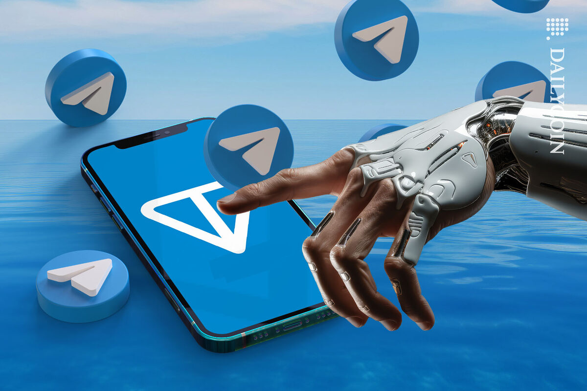 Robot hand pressing TON token and sending a message via Telegram.