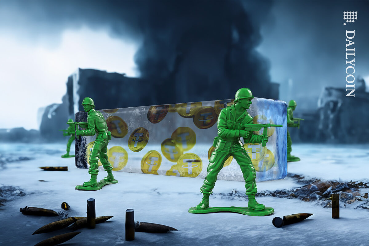 Little green toy soldiers protecting the frozen Ukraine Bitcoin reserve funds.
