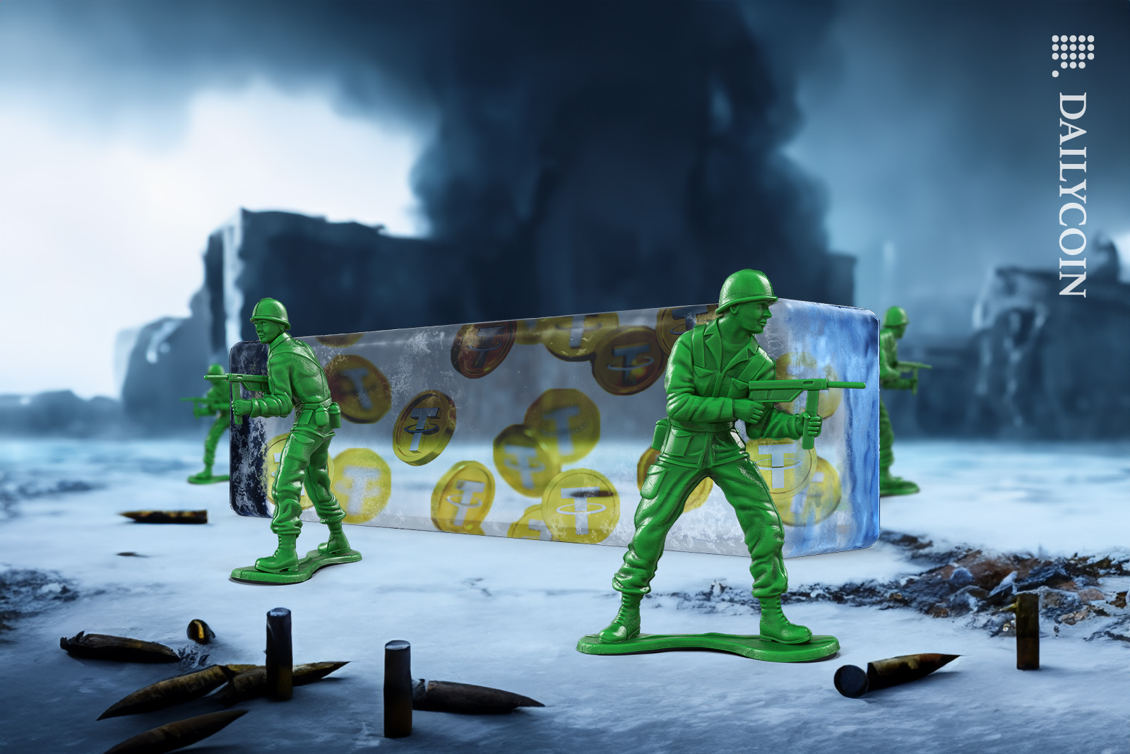 Little green toy soldiers protecting the frozen Ukraine Bitcoin reserve funds.