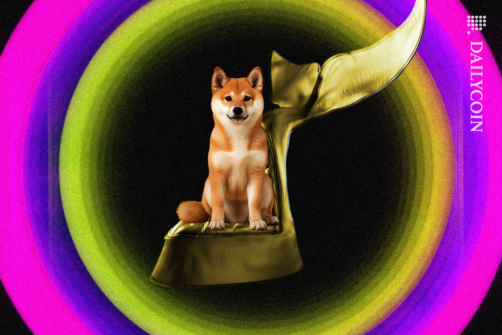 Shiba inu on a whales tail chair.
