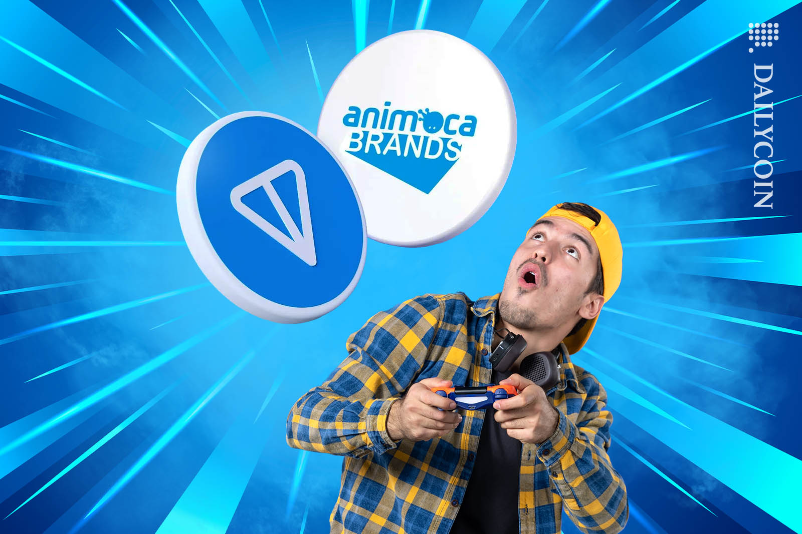 Gamer looking shocked as he is staring at a Ton coin and an Animoca coin above his head.