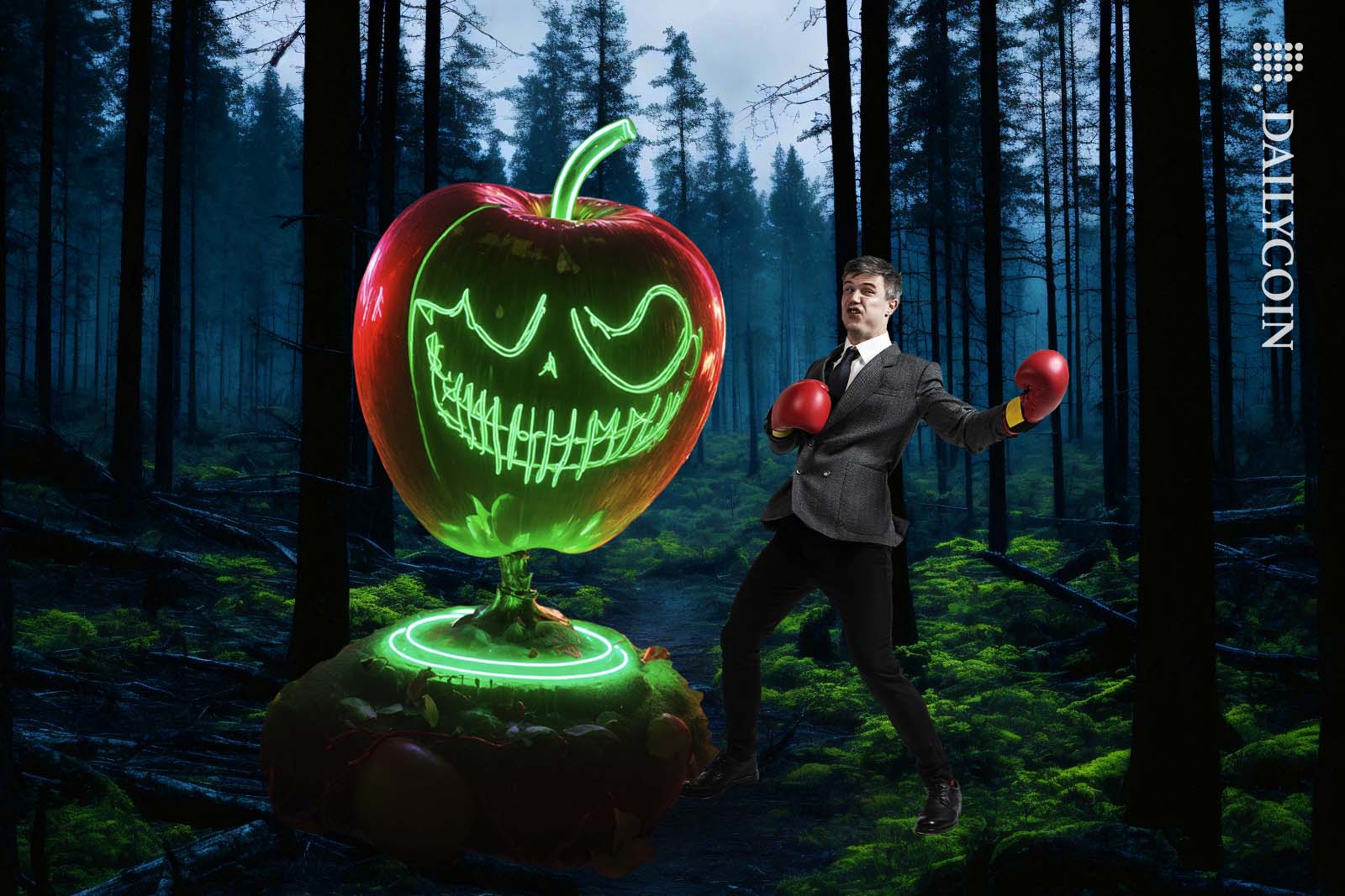 Man in suit wearing boxing gloves punching an evil apple in the forest.