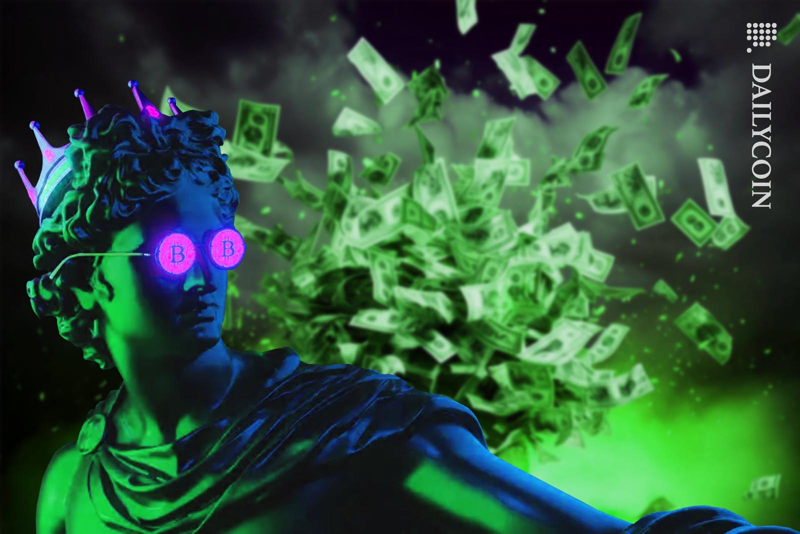 NFT-like statue with Bitcoin glasses looking back at a cash explosion.