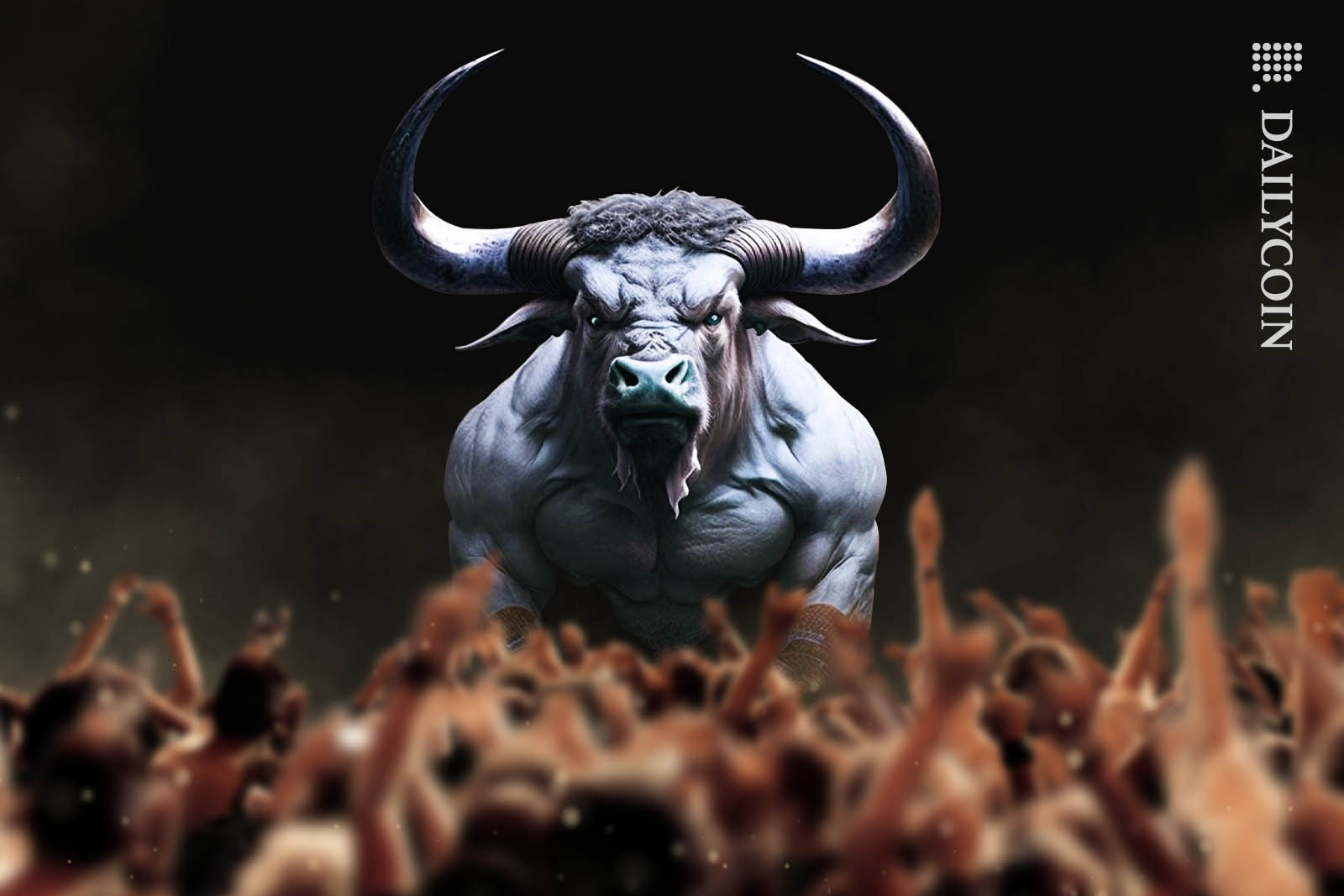 A big Litecoin (LTC) bull with huge muscles being celebrated by a big crowd.