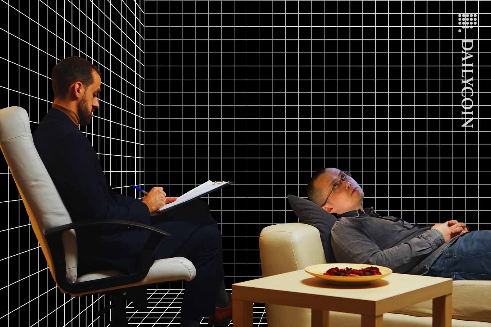 CZ laying on a couch in the office of a psychologist.