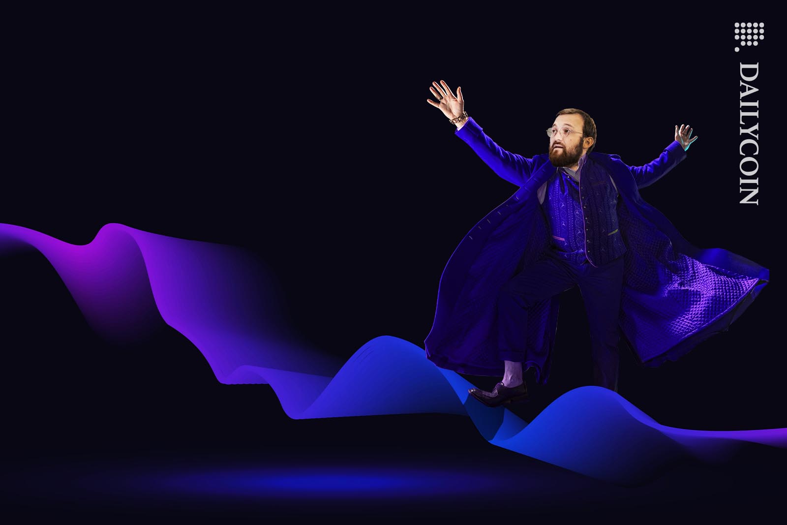 Charles Hoskinson theatrically steps on an abstract upwards chart.