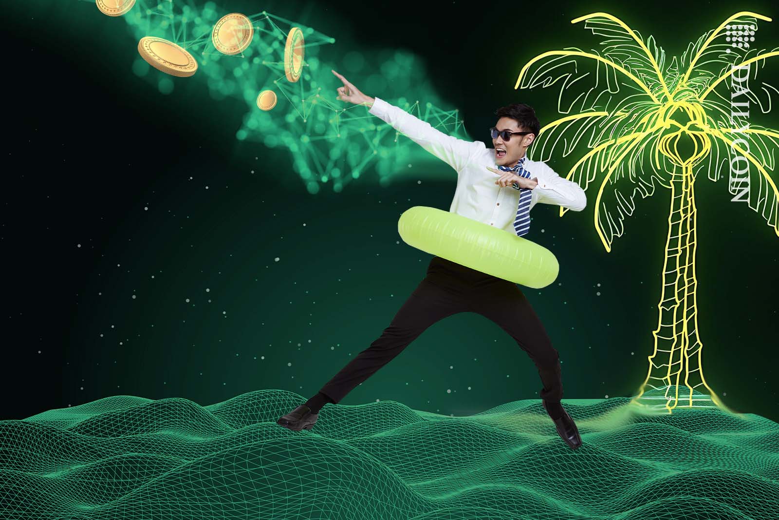 Smartly dressed asian man pointing at the sky in a digital environment.