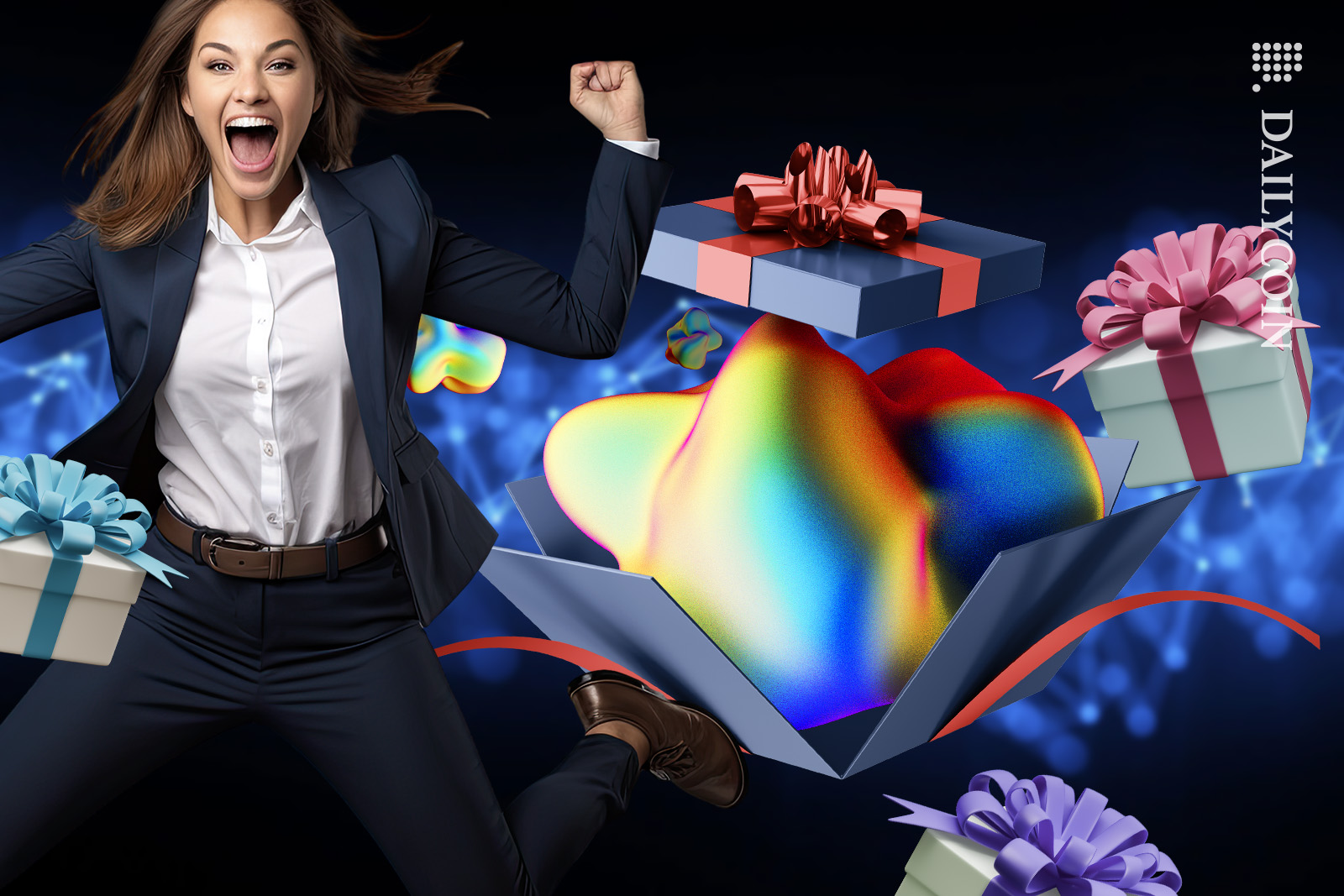 Woman in mid-air with joy surrounded by fancy gifts.