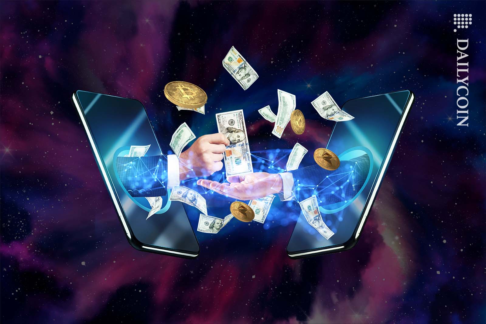 Money and crypto changing hands through two mobile devices in space.
