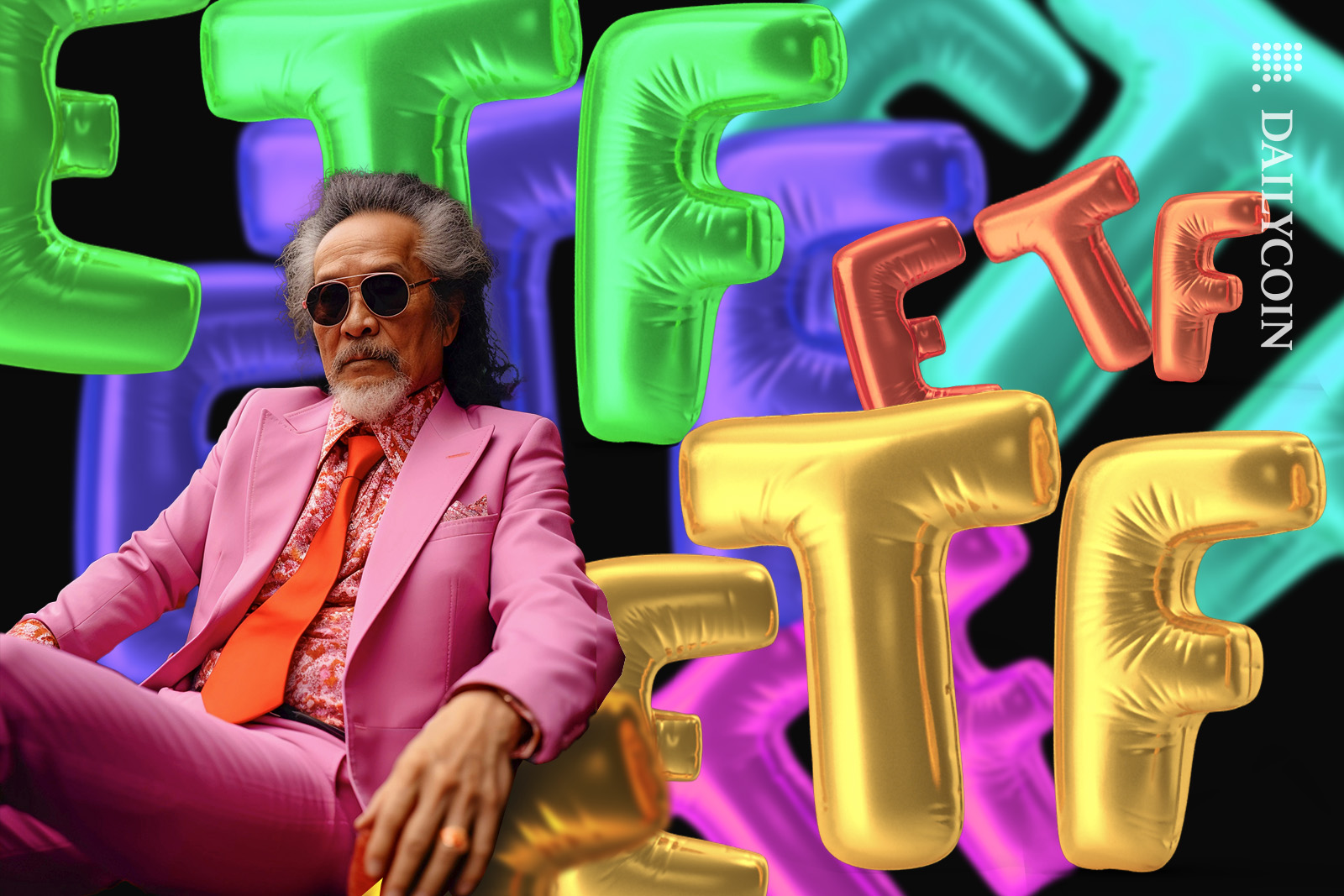 Rich asian man in a pink suit sitting confidently surrounded by colourful baloon letters.