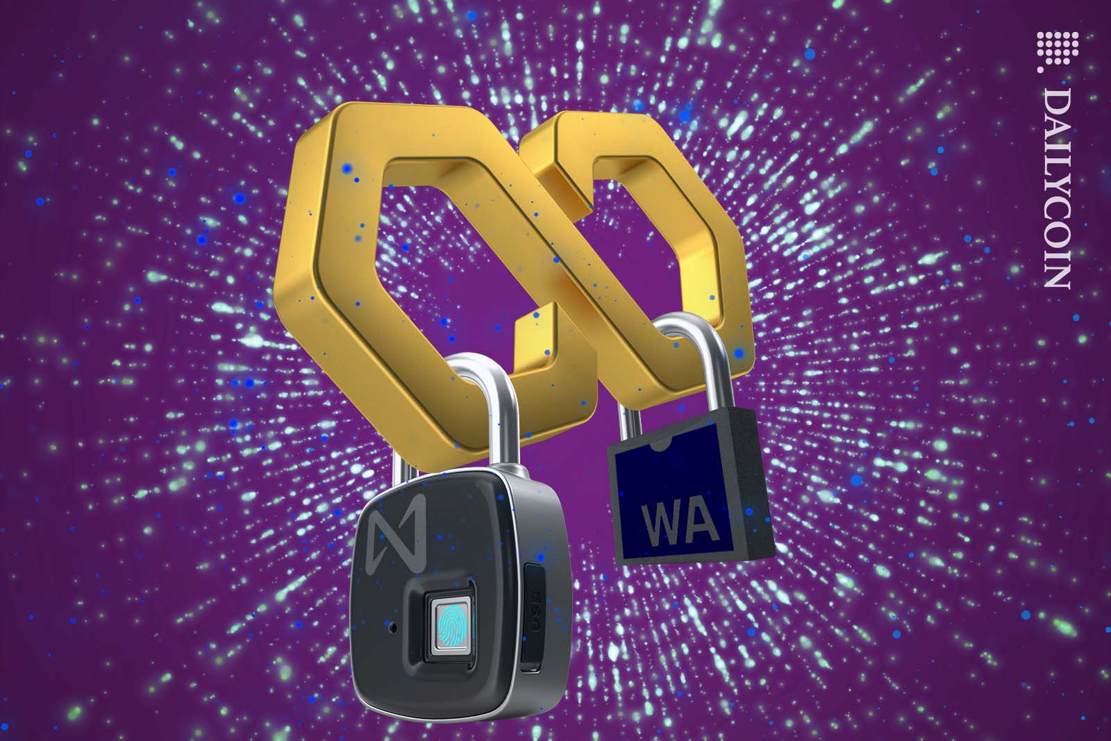 Poligon logo with 2 padlocks on floating in the air.