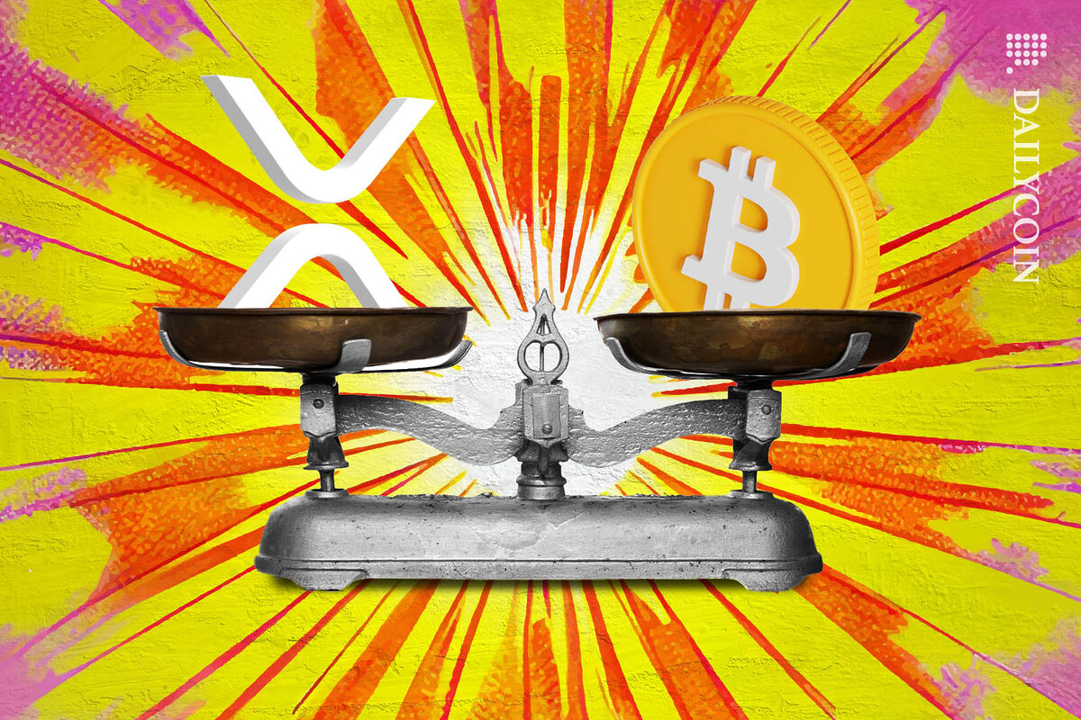 Scales comparing the weight of Bitcoin and XRP coin.