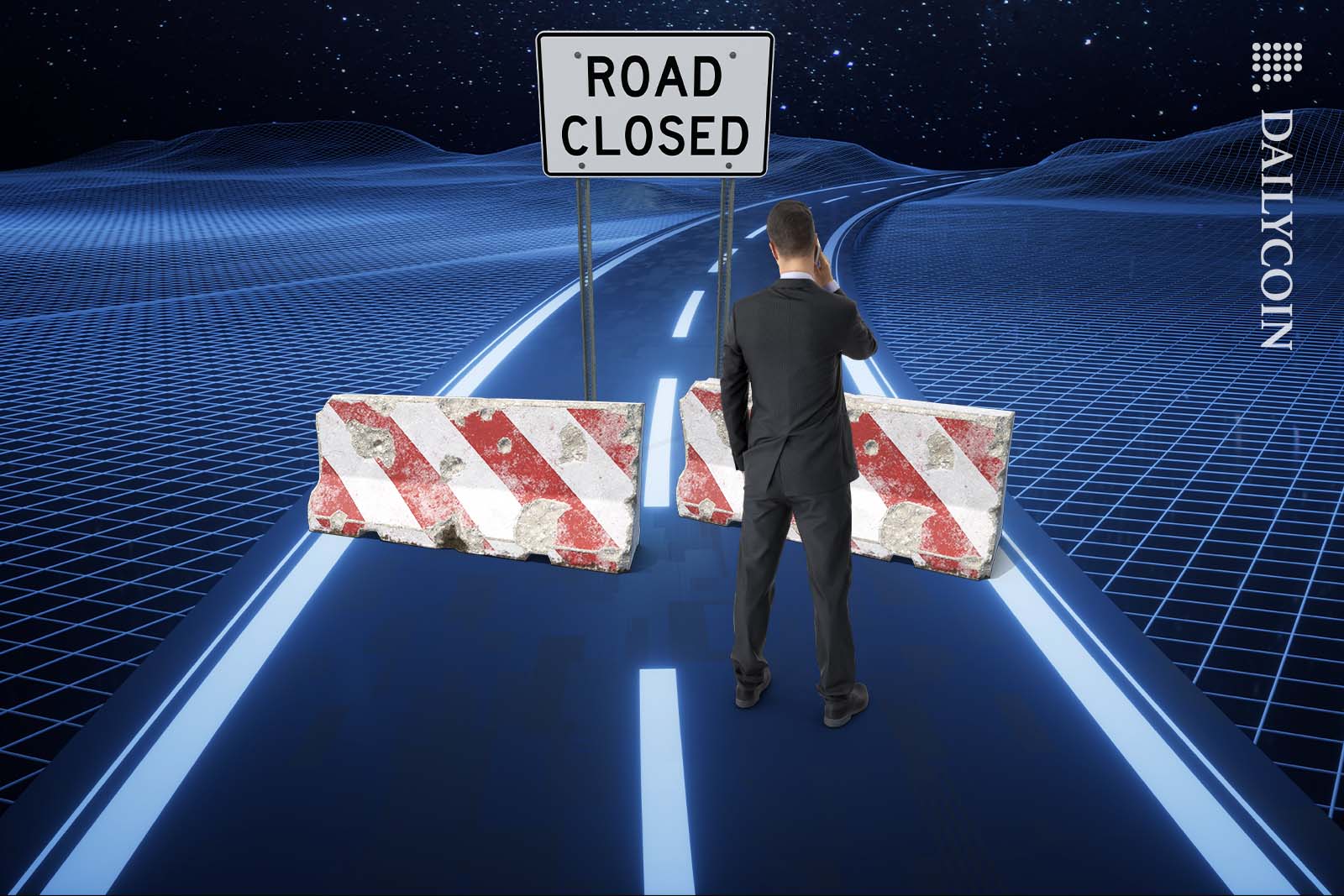 Business man standing infront of a blocked road, calling for help on his phone.