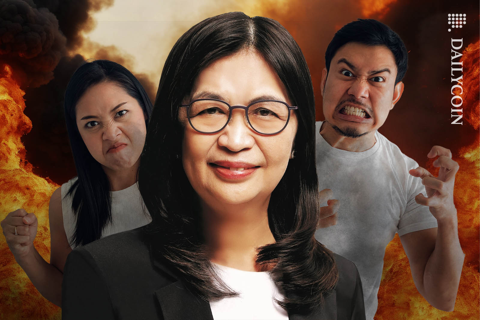Ms Julia Leung Chief Executive Officer (CEO) of the Securities and Futures Commission (SFC) smiling in the foreground, whilst angry people threatening her in the background.