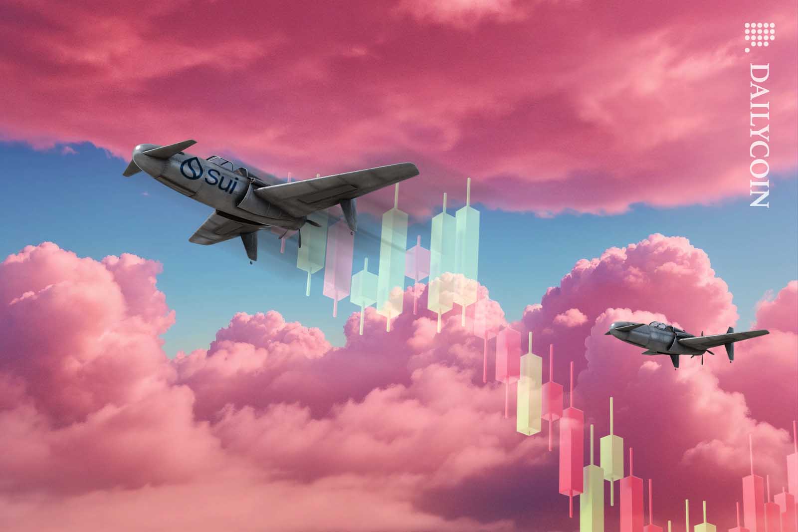 SUI aeroplane leaving behind it's competitor in a pink sky.