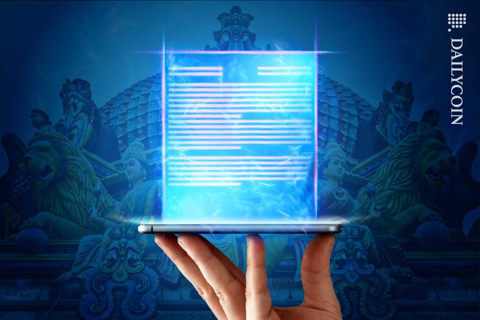 Hand holding up a digital document projected from a device.
