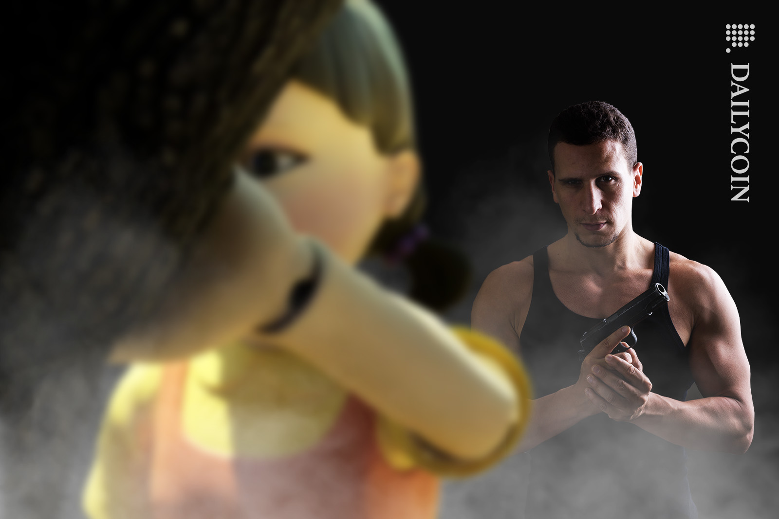 Squid game girl counting down, as a man ready to eleminate her waits behind.