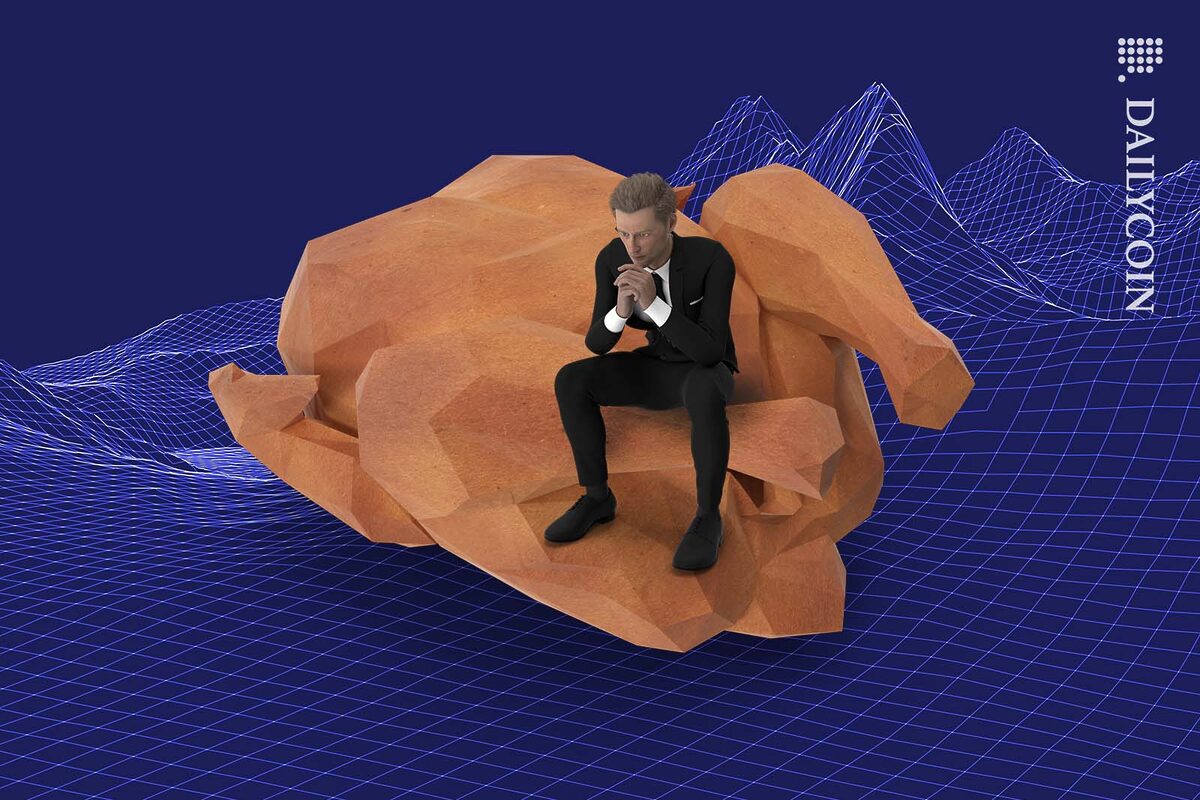 Man in suit thinking hard whilst sitting on a low poly turkey in wireframe landscape.