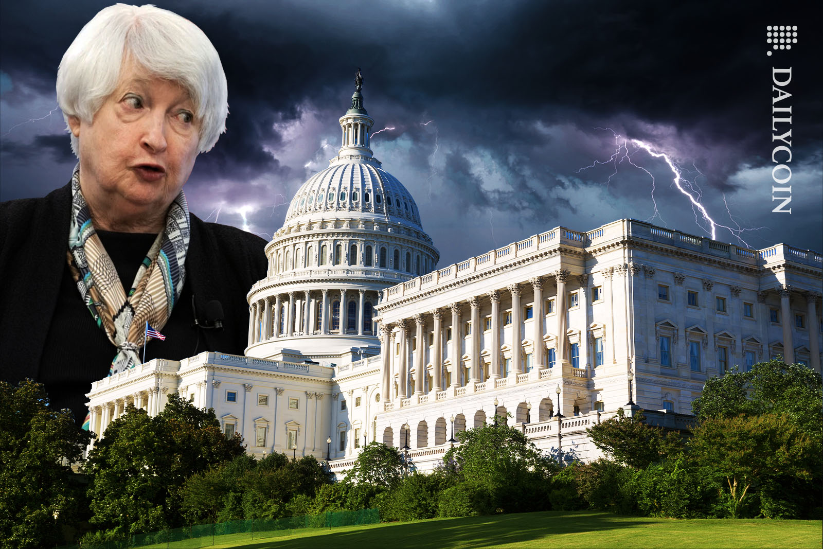 Janet Yellen behind the White House with dark and stormy sky in the background.