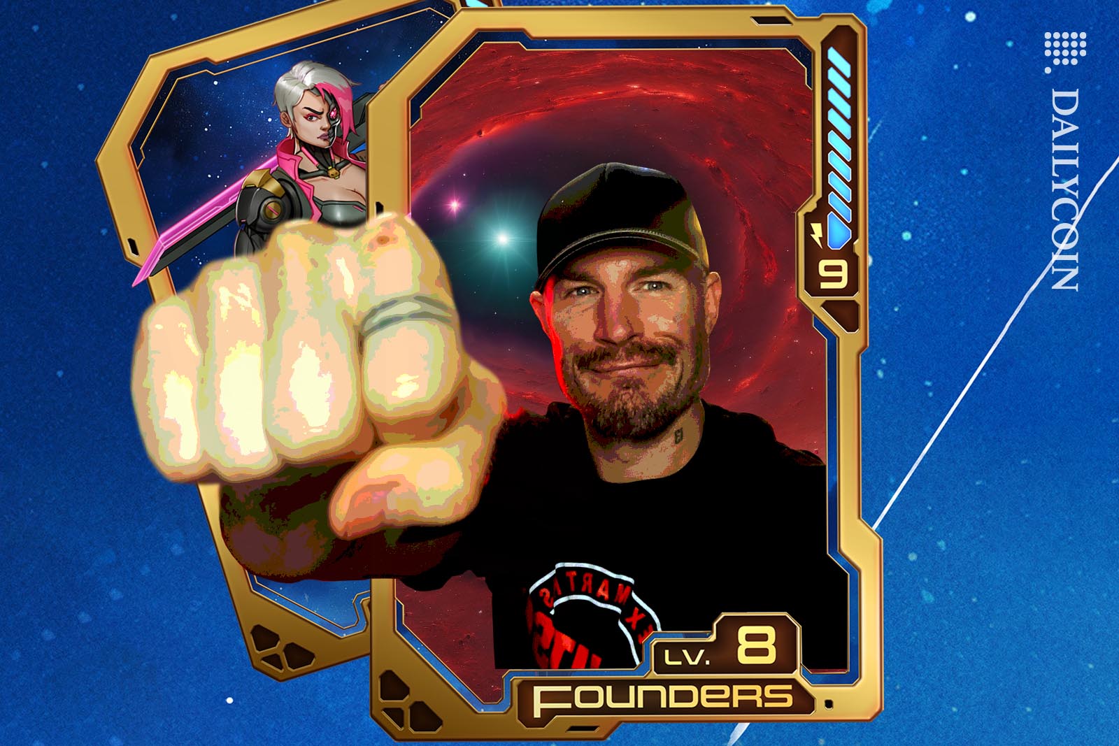 Alex Becker punching out of a Wagmi NFT card.