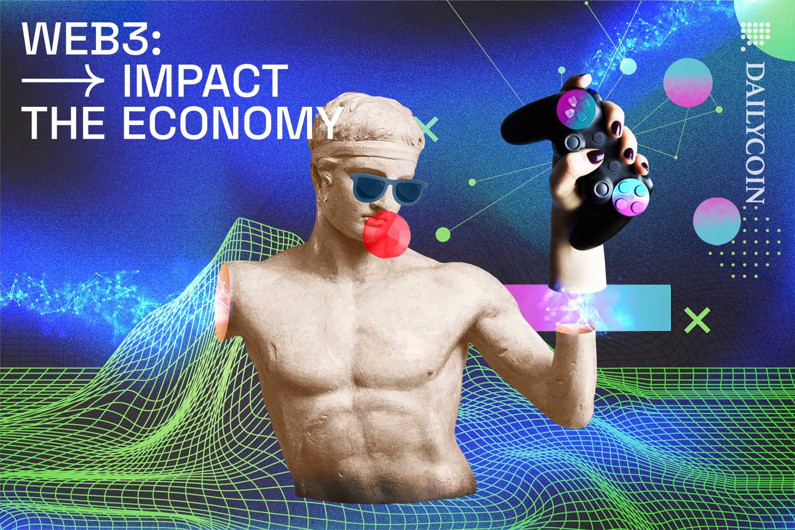 Upper bodie of a statue with sunglasses and chewing gum, holding a game controller in a metaverse-like space.